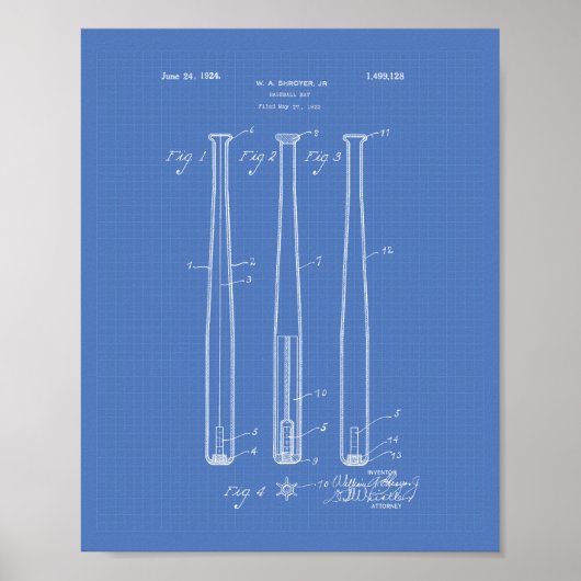 Baseball Bat 1924 Patent Art - Blauwdruk Poster (Voorkant)
