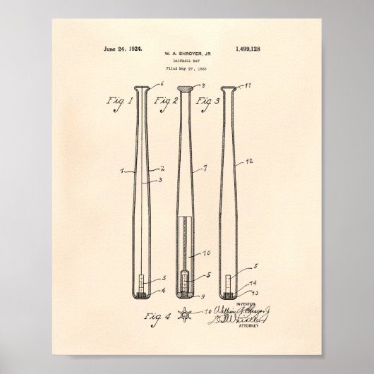 Baseball Bat 1924 Patent Art - Old Peper Poster (Voorkant)