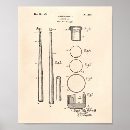 Baseball Bat 1926 Patent Art - Old Peper Poster (Voorkant)