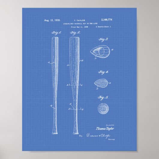 Baseball Bat 1939 Patent Art - Blauwdruk Poster (Voorkant)