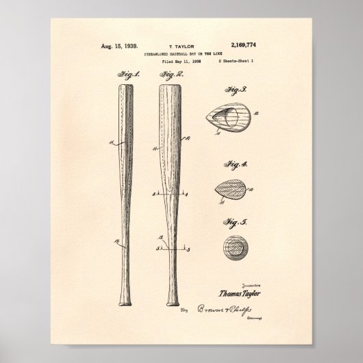 Baseball Bat 1939 Patent Art - Old Peper Poster (Voorkant)