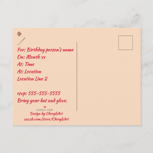 Baseball Bat Glove Verjaardagsfeestje Nodigt Brief Uitnodiging Briefkaart (Achterkant)
