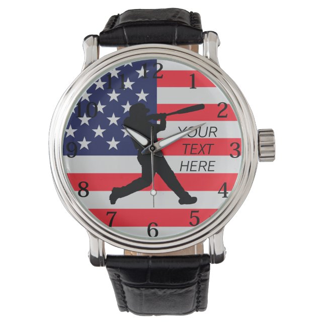 Baseball Batter en Amerikaanse vlag Horloge (Voorkant)