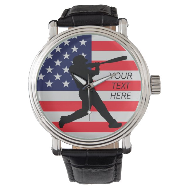 Baseball Batter en Amerikaanse vlag Horloge (Voorkant)