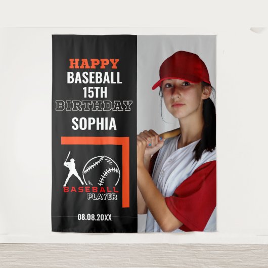 Baseball Birthday, Baseball Girl Player Backdrops Wandkleed (Voorkant)