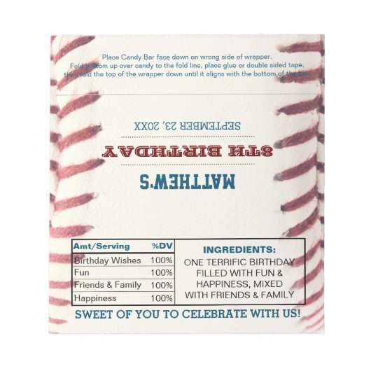 Baseball Birthday Favor Chocolade Snoep Wrappers Notitieblok (Voorkant)