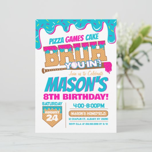 Baseball Birthday Invitation Drip Bruh Theme Kaart (Staand voorkant)