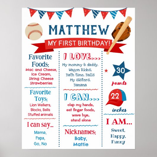 Baseball Birthday Milestone Sign Chalkboard Poster (Voorkant)