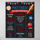 Baseball Birthday Milestone Sign Chalkboard Poster (Voorkant)