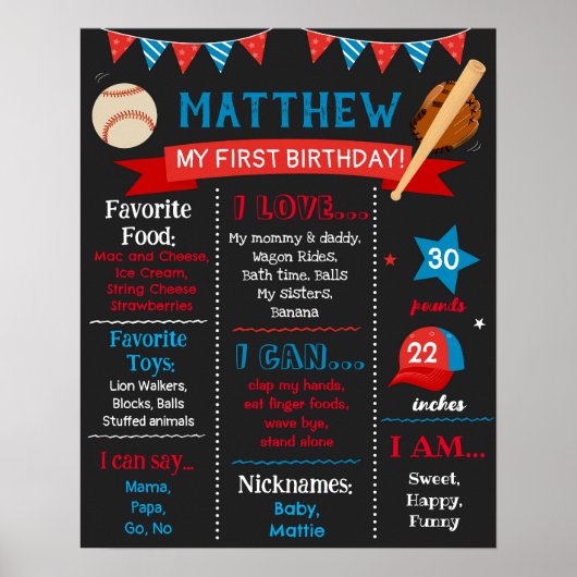 Baseball Birthday Milestone Sign Chalkboard Poster (Voorkant)