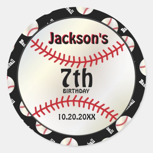 Baseball Birthday on Black | Personaliseren Ronde Sticker (Voorkant)