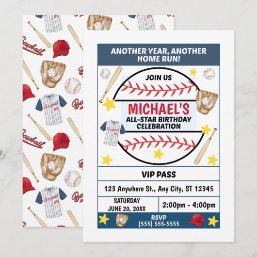 Baseball Birthday Party Invitation Kaart (Voorkant / Achterkant)