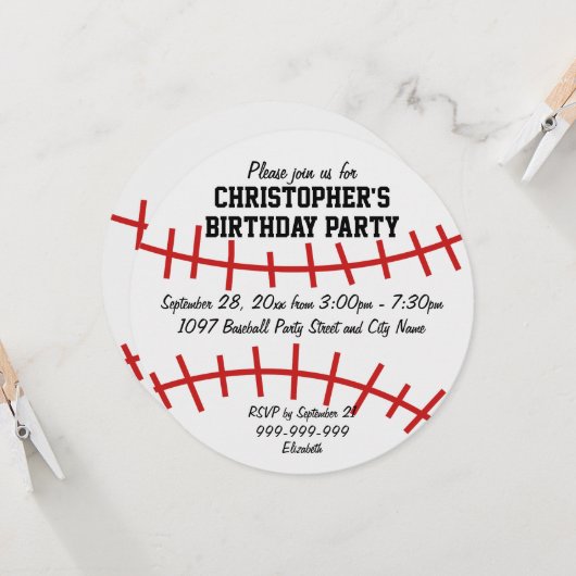 Baseball Birthday Party Kaart (Voorkant / Achterkant in situ)