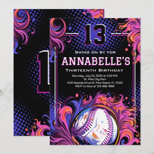 Baseball Birthday Party Kaart (Voorkant / Achterkant)