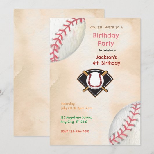 Baseball Birthday Party Kaart (Voorkant / Achterkant)