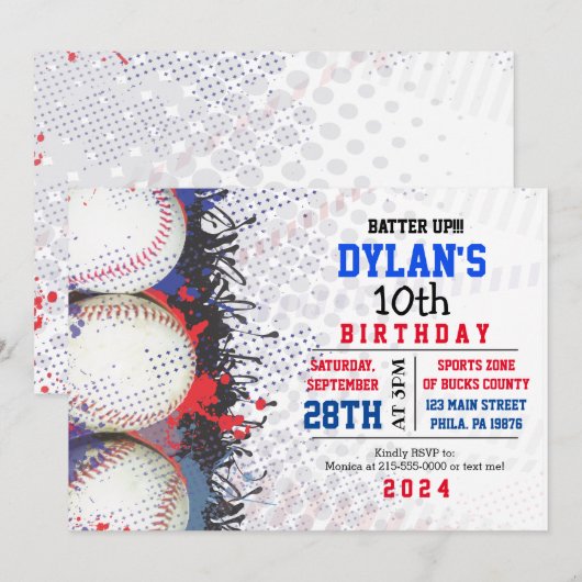 Baseball Birthday Red White & Blue Invitation Kaart (Voorkant / Achterkant)