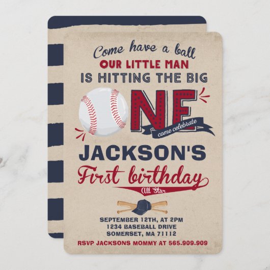 Baseball Birthday Uitnodiging Baseball 1e verjaard (Voorkant / Achterkant)