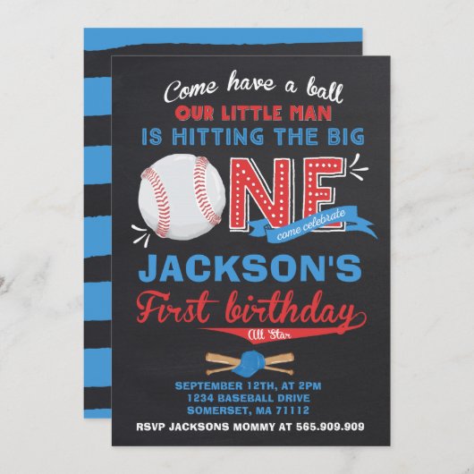 Baseball Birthday Uitnodiging Baseball 1e verjaard (Voorkant / Achterkant)