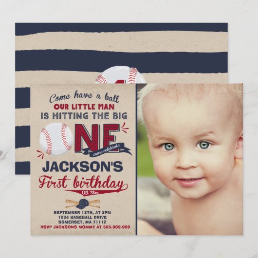 Baseball Birthday Uitnodiging Baseball 1e verjaard (Voorkant / Achterkant)