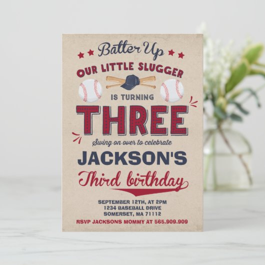 Baseball Birthday Uitnodiging Baseball 3e verjaard (Staand voorkant)
