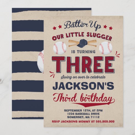 Baseball Birthday Uitnodiging Baseball 3e verjaard (Voorkant / Achterkant)