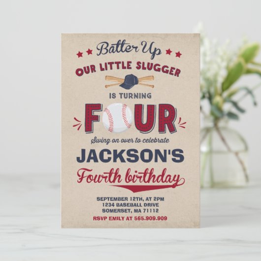 Baseball Birthday Uitnodiging Baseball 4e verjaard (Staand voorkant)