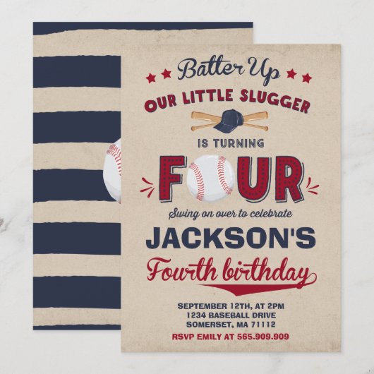 Baseball Birthday Uitnodiging Baseball 4e verjaard (Voorkant / Achterkant)