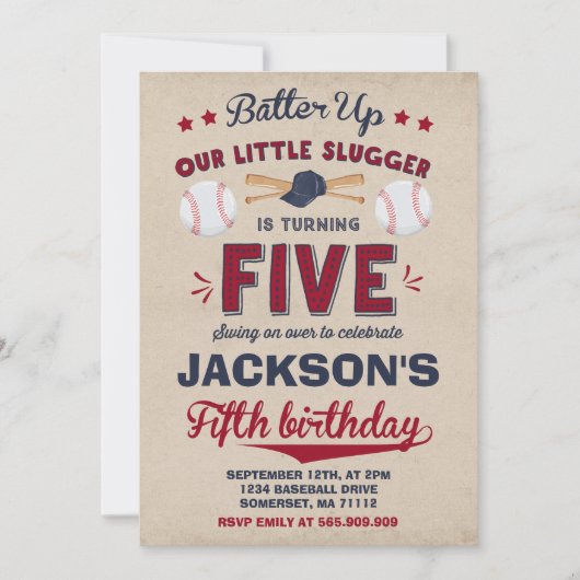 Baseball Birthday Uitnodiging Baseball 5e verjaard (Voorkant)