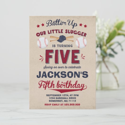 Baseball Birthday Uitnodiging Baseball 5e verjaard (Staand voorkant)