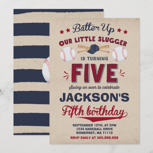 Baseball Birthday Uitnodiging Baseball 5e verjaard (Voorkant / Achterkant)