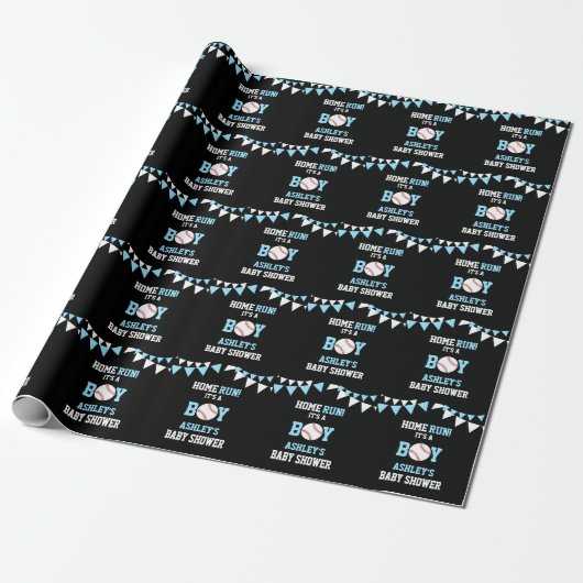Baseball Black Blue White Baby shower HOME RUN Cadeaupapier (Uitgerold)
