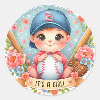 Baseball Bliss Baby Meisje Aankondiging Floral Bab Ronde Sticker