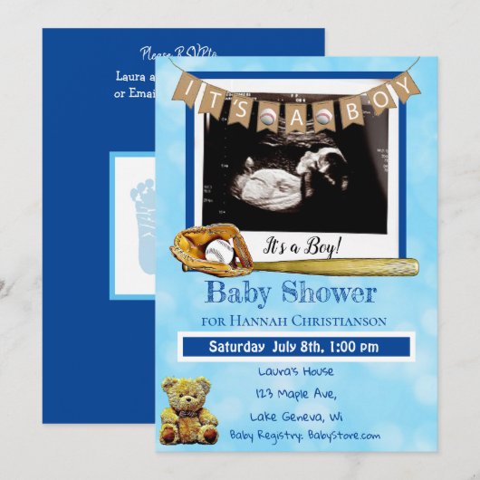Baseball Blue Baby Boy Ultrasound Baby shower Kaart (Voorkant / Achterkant)