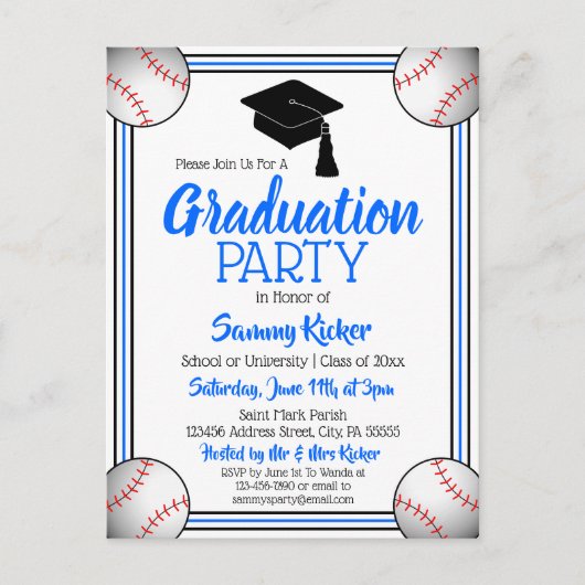 Baseball Blue & Black Graduparty Uitnodiging Briefkaart (Voorkant)