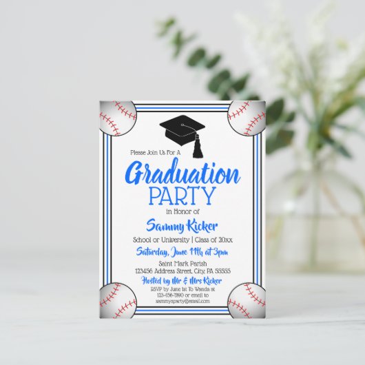 Baseball Blue & Black Graduparty Uitnodiging Briefkaart (Staand voorkant)
