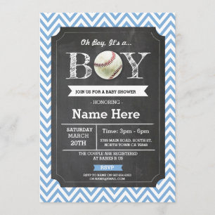 Baseball Blue Boy Baby shower Chevron Invite Kaart