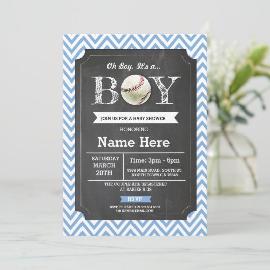 Baseball Blue Boy Baby shower Chevron Uitnodigen Kaart (Staand voorkant)