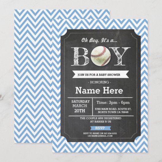 Baseball Blue Boy Baby shower Chevron Uitnodigen Kaart (Voorkant / Achterkant)