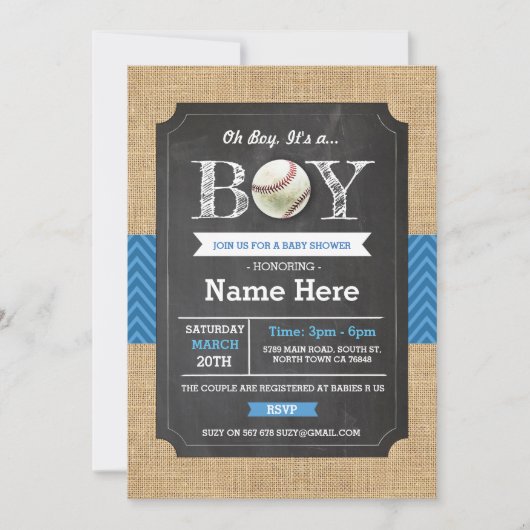 Baseball Blue Boy Baby shower Sports Invite Kaart (Voorkant)