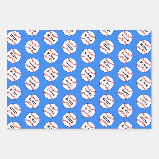 Baseball Blue Pattern Kinder naam Birthday Inpakpapier Vel (Voorkant 2)