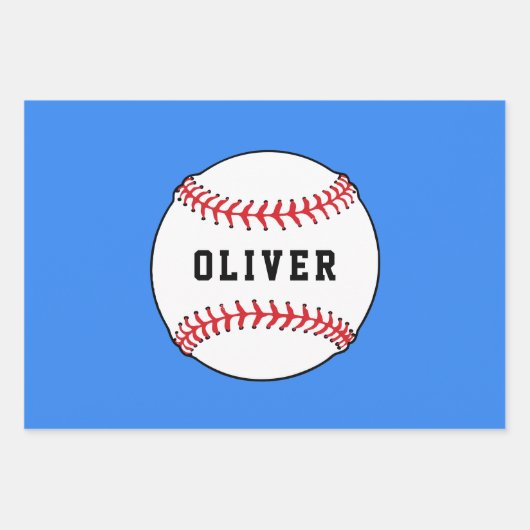 Baseball Blue Pattern Kinder naam Birthday Inpakpapier Vel (Voorkant)