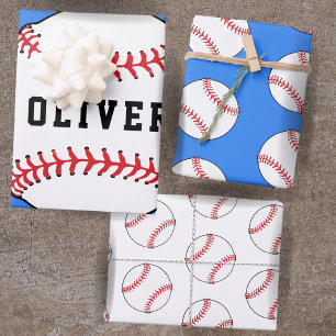 Baseball Blue Pattern Kinder naam Birthday Inpakpapier Vel