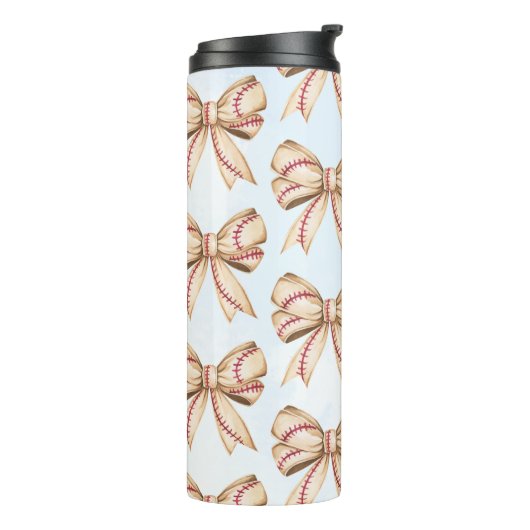 Baseball Bow Tumbler, Coquette Baseball thema Thermosbeker (Gedraaid links)