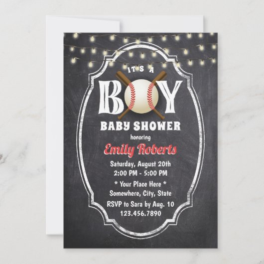 Baseball Boy Baby shower Rustic Chalkboard Kaart (Voorkant)