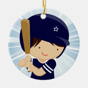 Baseball Boy Batter in Blue en White Keramisch Ornament