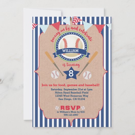 Baseball Boy Birthday Invitation Invite Navy & Red Kaart (Voorkant)
