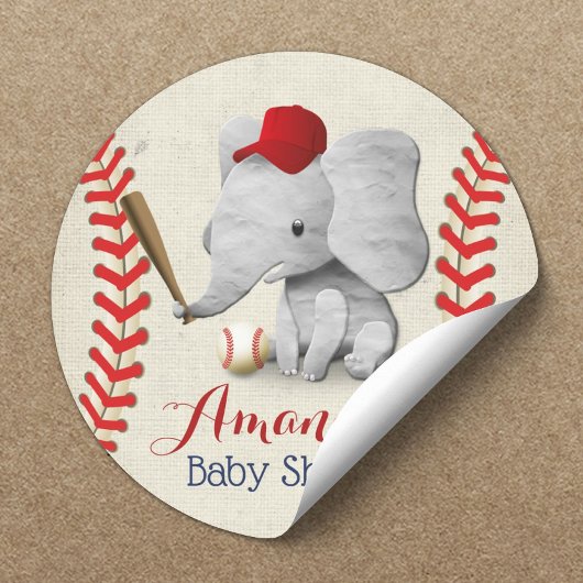Baseball Boy Cute Elephant Baby shower Ronde Sticker
