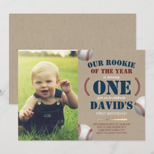 Baseball Boy Eerste Verjaardag Rookie Foto Afbeeld Kaart (Voorkant / Achterkant)