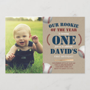 Baseball Boy First Birthday Rookie Photo Afbeeldin Kaart