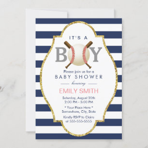 Baseball Boy Modern Navy Blue Stripes Baby shower Kaart